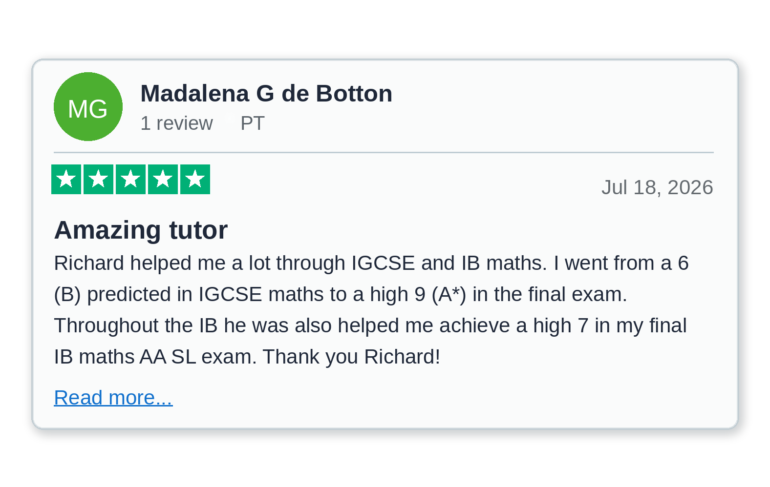 Trustpilot review from Madalena G de Botton